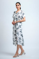 White-Black Satin Georgette V Neck Regular Sleeve Floral Print Calf Length Dress